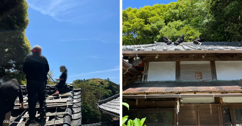 千葉県にある南房総「忍者の里」の子連れの体験の様子（屋根登り）